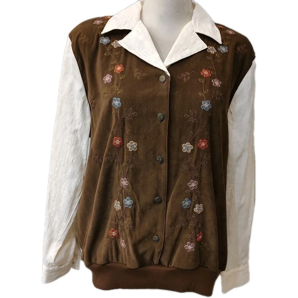 Alfred‎ Dunner Sz 14 Y2K Embroidered Floral Vest Blouse Brown Cottagecore Boho
